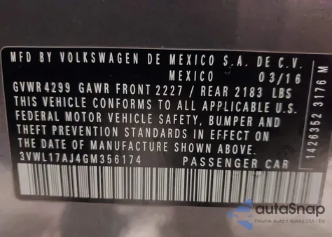 2016 Volkswagen Jetta 1.8T Sel from USA, damaged, VIN 3VWL17AJ4GM356174